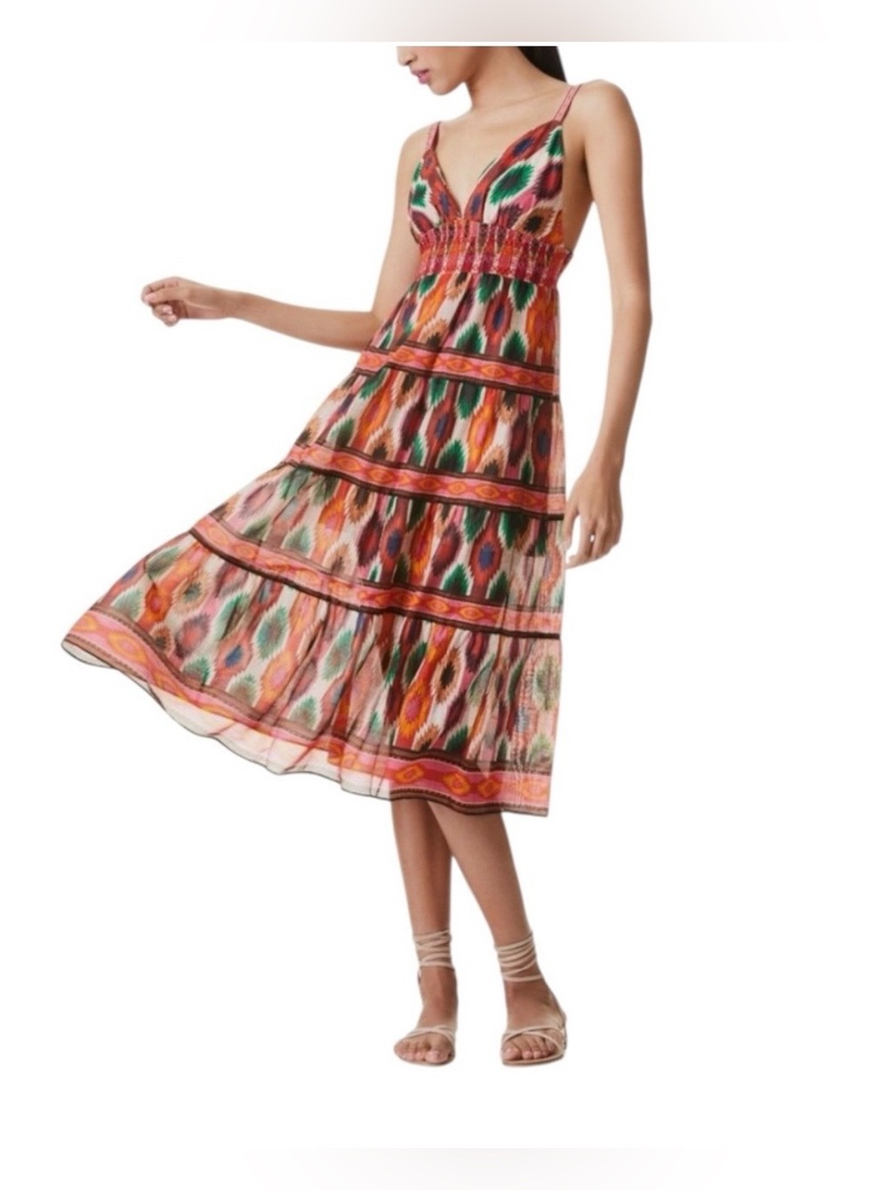 Alice + Olivia Santina Multi-Color Ikat-Print Midi Dress with a tiered skirt.
